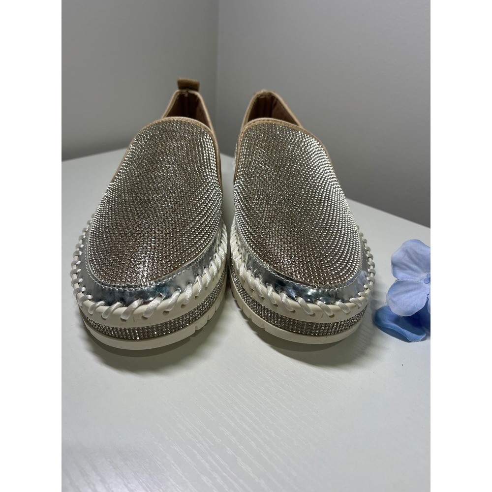 Silver Rhinestone Slip On‎ Platform Sneakers Bling Loafers Whipstitch